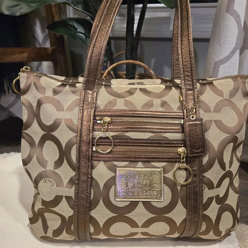 Coach Brown and Gold Poppy Tote Bag with Signature Monogram